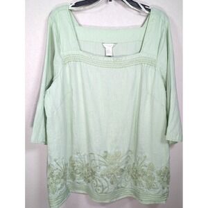 Tweeds 100% Linen Blouse Top Light Green Embroidered 3/4 Sleeve‎ Tunic Plus 2X